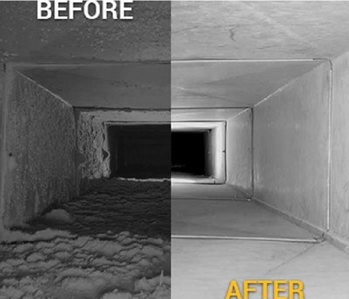 Before and after photo of duct system cleaning combined into one photo.  Left side dirty, right side clean.  Before and after